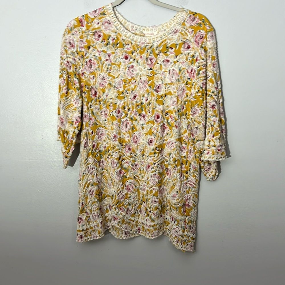 Solitaire Embroidered Boho Tunic Blouse Women's Floral 3/4 Sleeve Medium